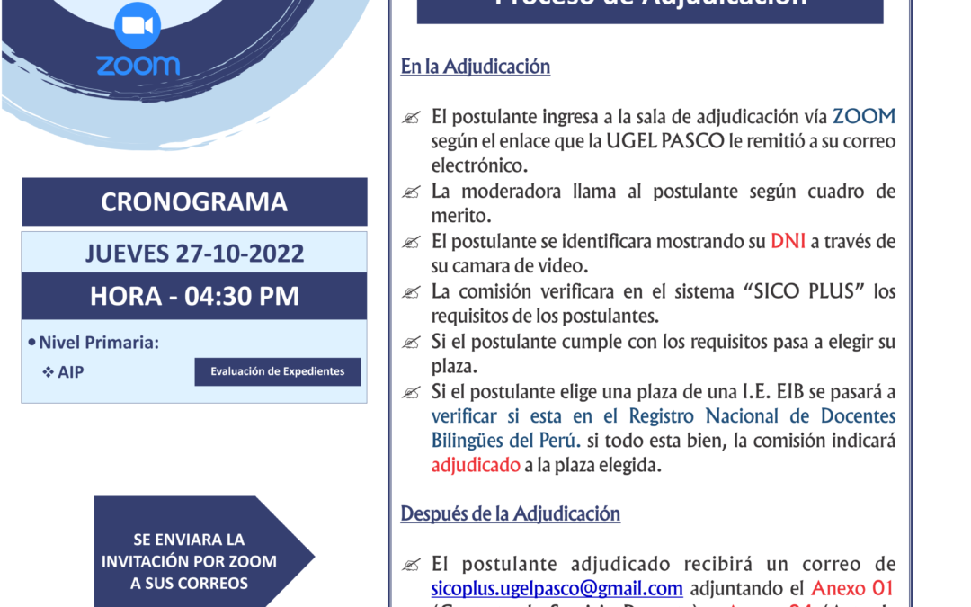 ￼CRONOGRAMA DE ADJUDICACIÓN DE PLAZA DOCENTE ￼