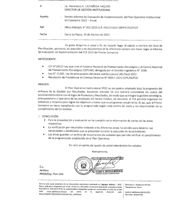 INFORME DE EVALUACIÓN DE IMPLEMENTACIÓN – PLAN OPERATIVO INSTITUCIONAL 2022 DE LA UNIDAD DE GESTIÓN EDUCATIVA LOCAL PASCO.