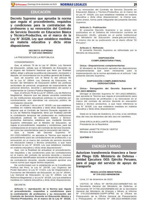DS 020-2023 MINEDU-CONTRATACION DOCENTE 2024