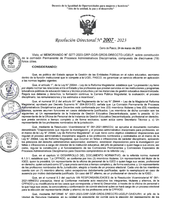 RESOLUCIÓN DIRECTORAL Nº 2007-2023-UGEL PASCO