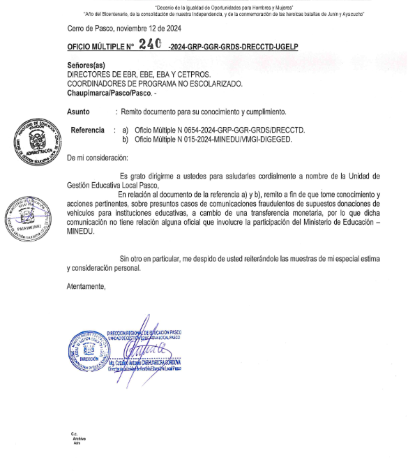 💢TOMAR EN CONSIDERACIÓN EL OFICIO MULTIPLE Nº 239-2024-UGEL PASCO💢